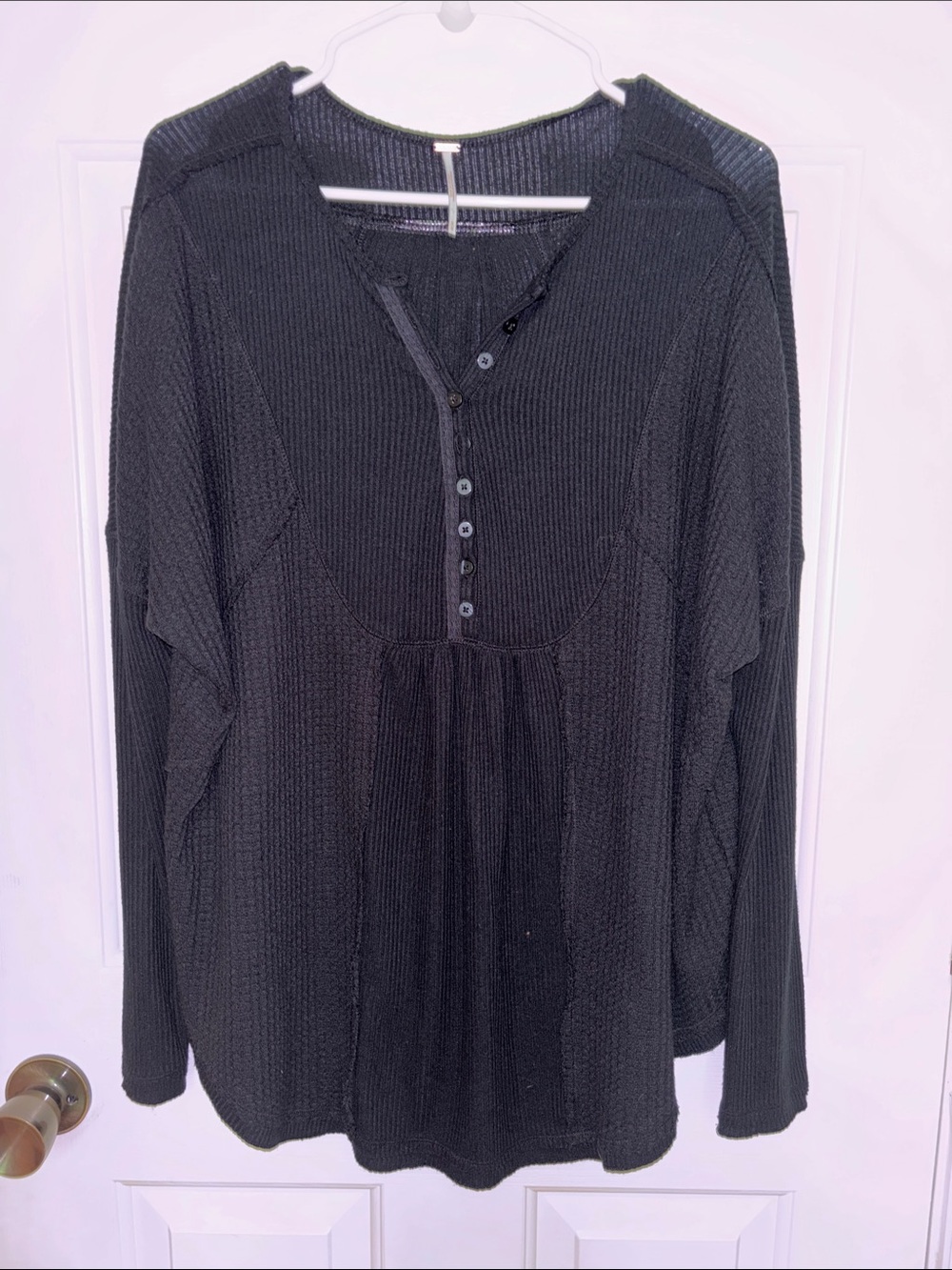 Free Peole Women's Black Long-Sleeve Button Henley Top